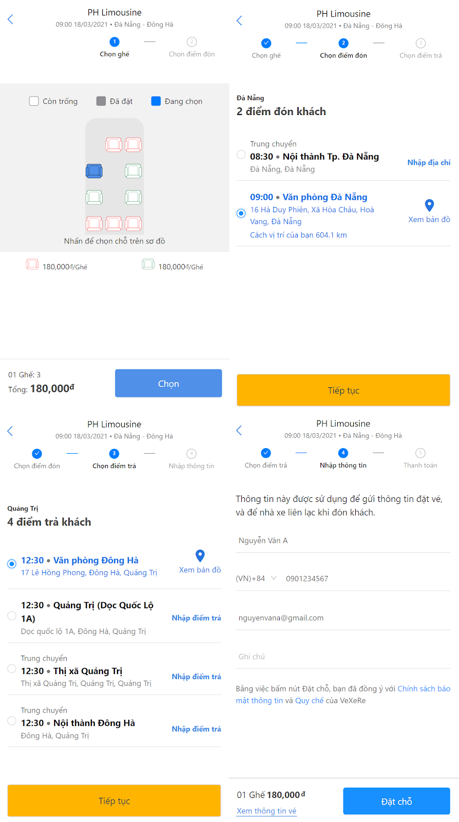 Chọn giờ, chọn chỗ, điểm đón/trả và điền đầy đủ thông tin.
