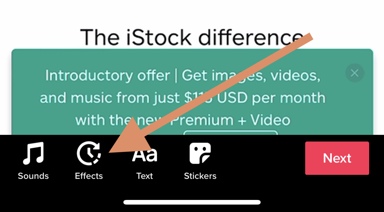 Screenshot of the effects screen for the iStock Editor on mobile. 