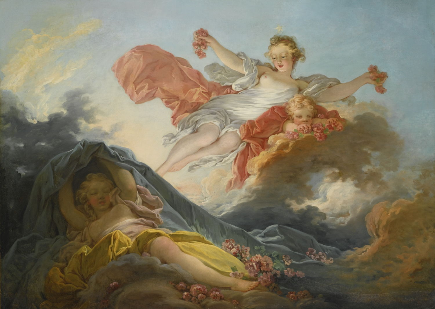 This painting depicts the goddess Eos in a baby blue flowy dress, bringing light to the heavens and earth as she floats above the world with a baby under her arms. 