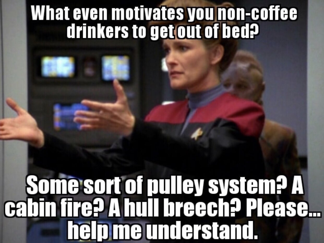 Picture of Kathryn Janeway the captain from Star Trek: Voyager with hands outstretched in a plea. Caption: What even motivates you non-coffee drinkers to get out of bed? Some sort of pulley system? A cabin fire? A hull breech? Please…help me understand.