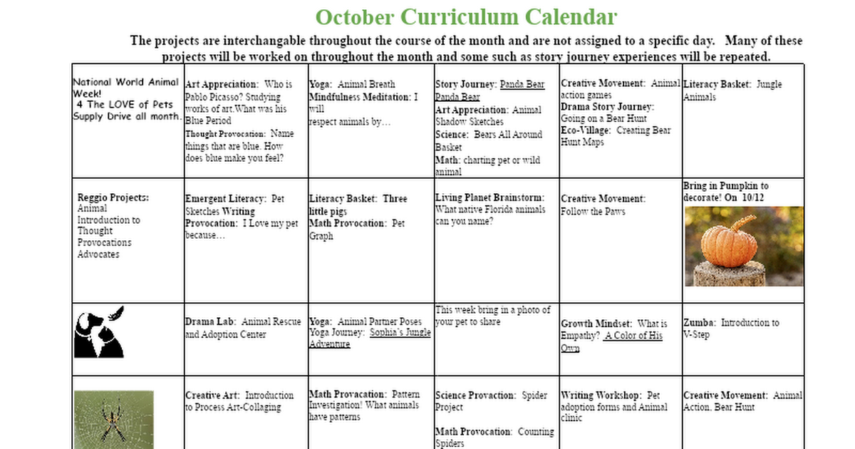 October/November Curriculum 