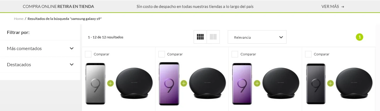 Landing page Falabella sección Smartphones Samsung S9