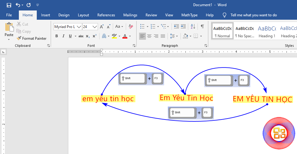 Thay đổi kiểu chữ bằng tổ hợp phím Shift + F3