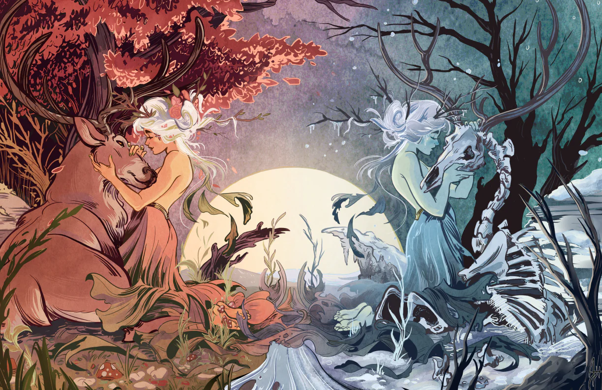 This illustration shows two versions of Persephone. On the left, she hugs an elk in a lush forest; on the right, she cradles the elk's carcass in a barren landscape. 