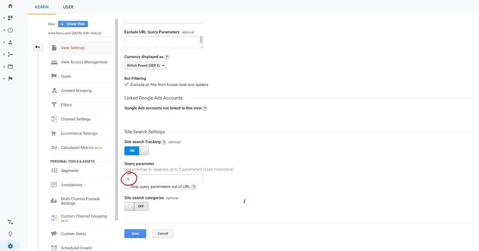 Google Analytics Site Search Query Parameter Settings