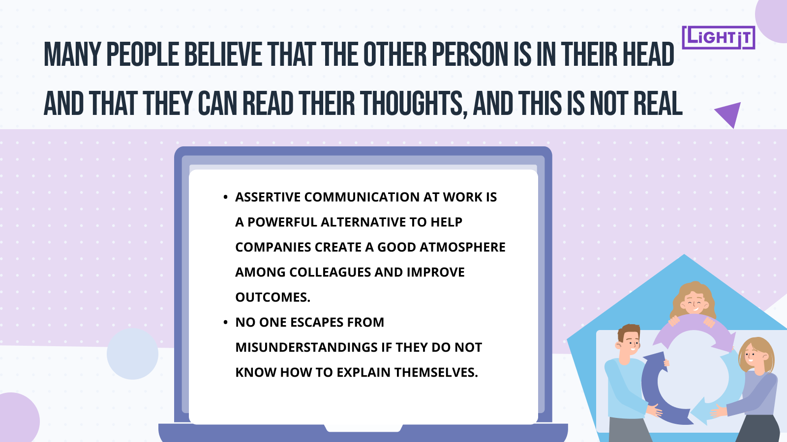 Graphic design in purple and blue colors showing a computer with black text saying: "Many people believe that the other person is in their head and that they can read their thoughts, and this is not real"