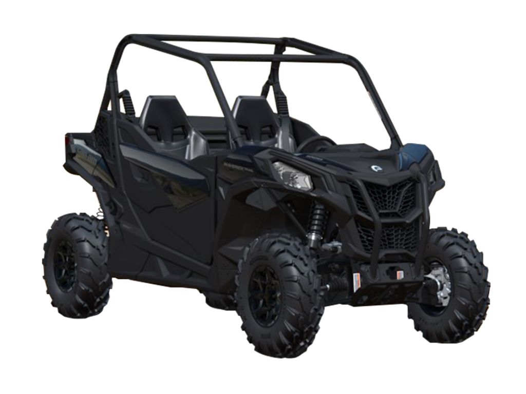All black Can-Am Maverick Trail 2-seater with navy blue accents - the perfect off-road vehicle for thrilling adventures with a friend.