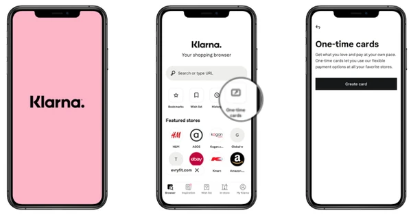 Klarna one-time card creation walk through on 3 mobile phones