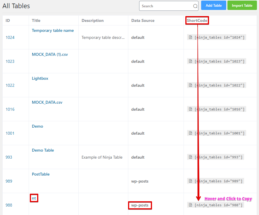 Online data tables for website