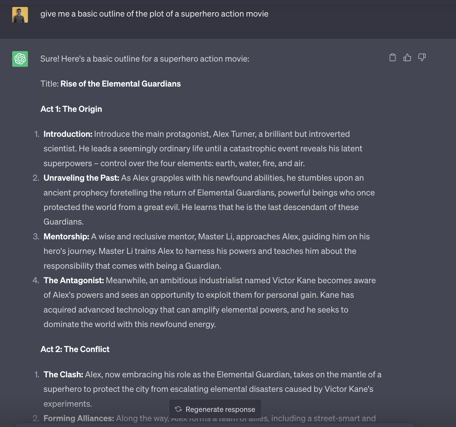 Conversation with ChatGPT asking it for a basic outline of the plot of a superhero action movie.