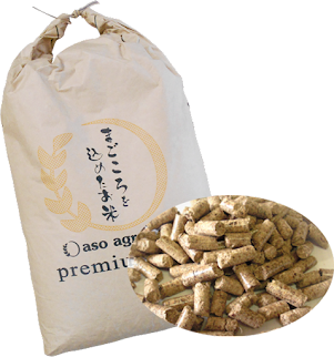 宮崎県産杉の間伐材や製材端材を使用した全木ペレットです。袋はお米農家さんの米袋を再利用しています。