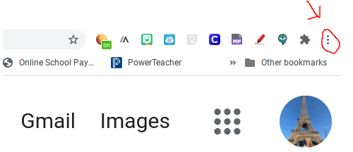 Step 1, Using a Google Chromebook, click on the three dots at the top right of your screen. 