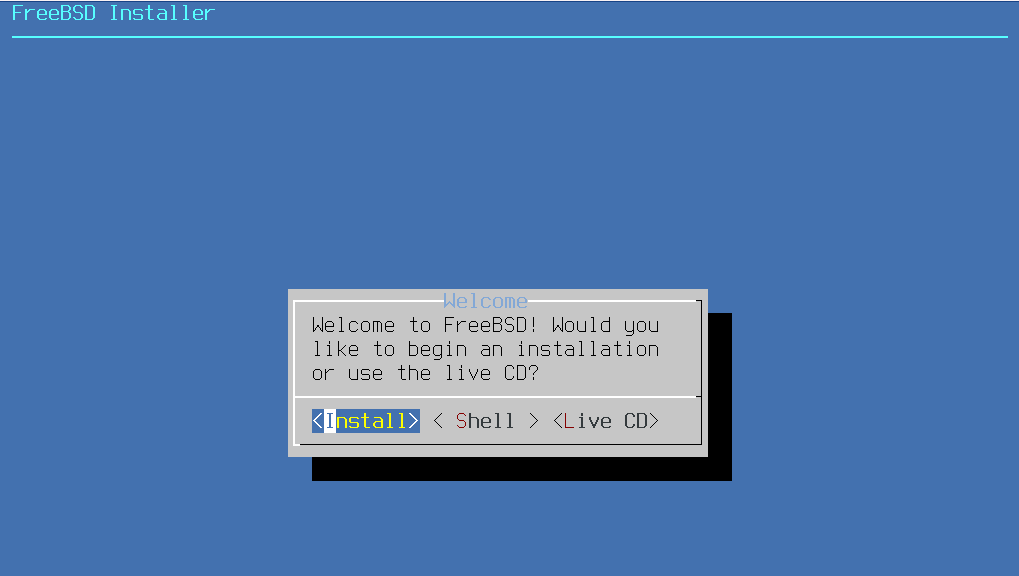 Install FreeBSD - Welcome screen. Source: nudesystems.com