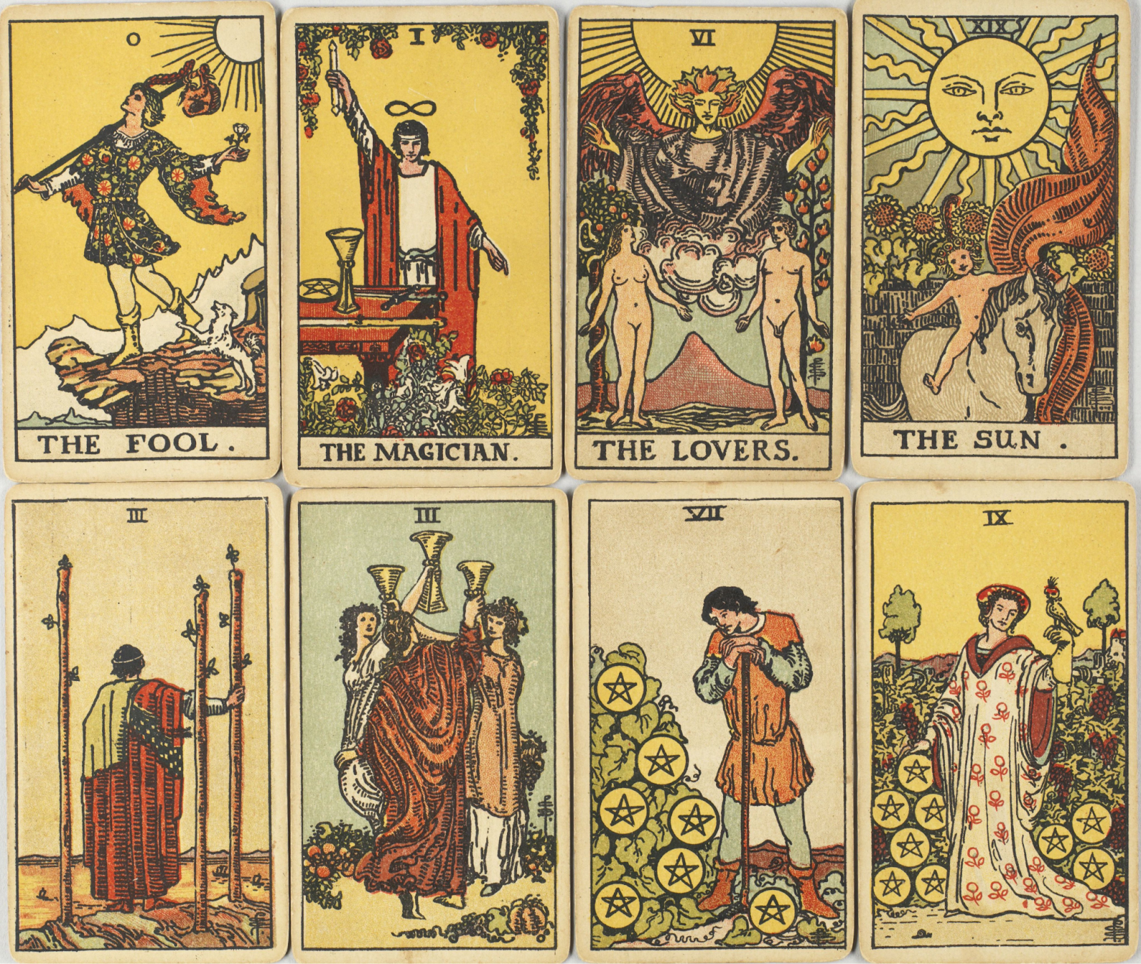 The collection comprises a total of eight cards hailing from the Rider-Waite-Smith deck, which was printed during the period spanning from 1920 to 1930. 
