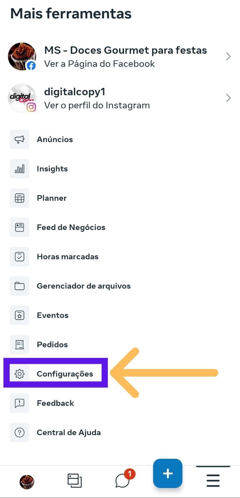 tela para ir para configurações do instagram