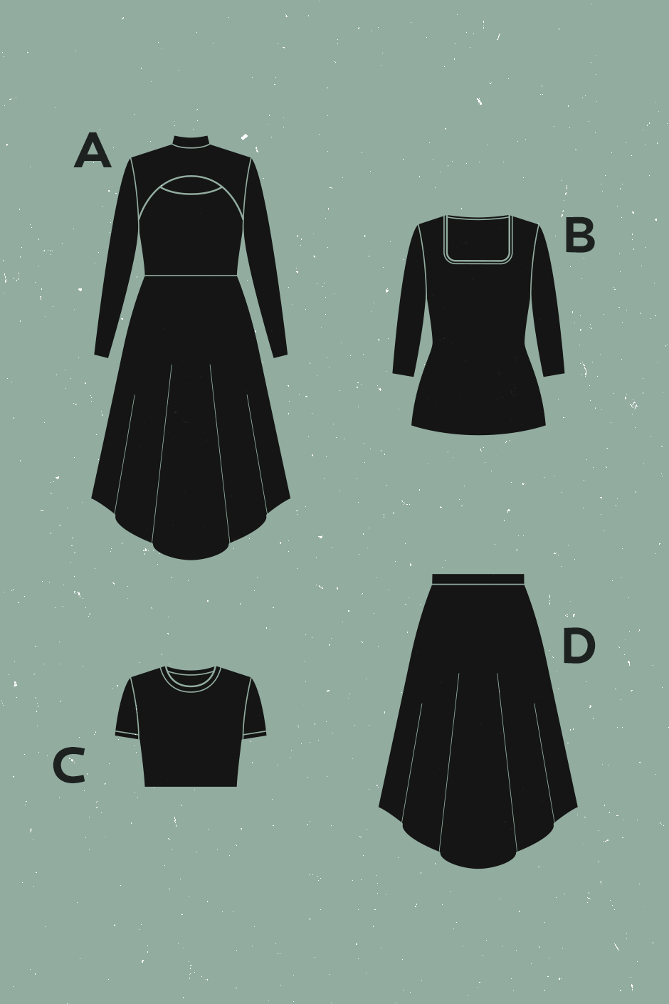 A teal background for this technical drawing sheet.  View A is a dress with a full skirt that is longer at the front than the sides, and a bodice that exposes a window of flesh at high chest.  The sleeves are long and close fitting.  VIew B is a square neck top with 3/4 sleeves.  View C is a round neck tee with short sleeves.  View D is a maxi skirt with a full hem.