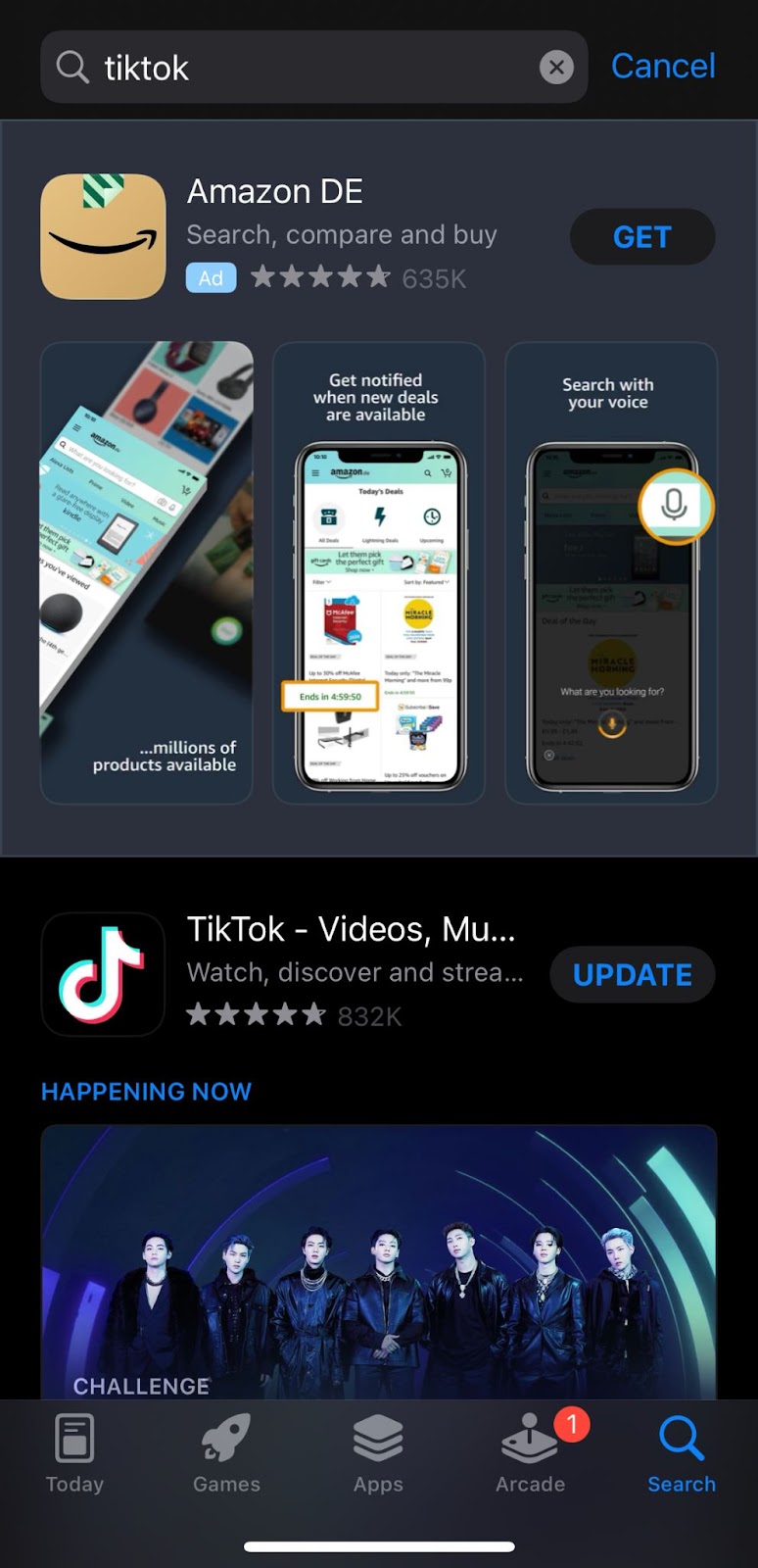 Google Ads App Campaign result example for the search "tiktok"