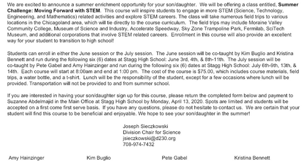 2020 Summer STEM Challenge Parent Letter