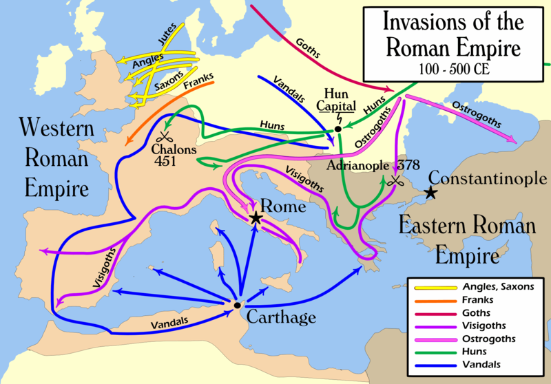 Map of Europe depicting the routes of the major barbarian invasions that destroyed the western half of the Roman Empire.