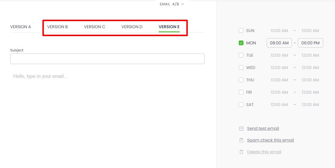 A/B testing features of Woodpecker, showing versions A-E able to test