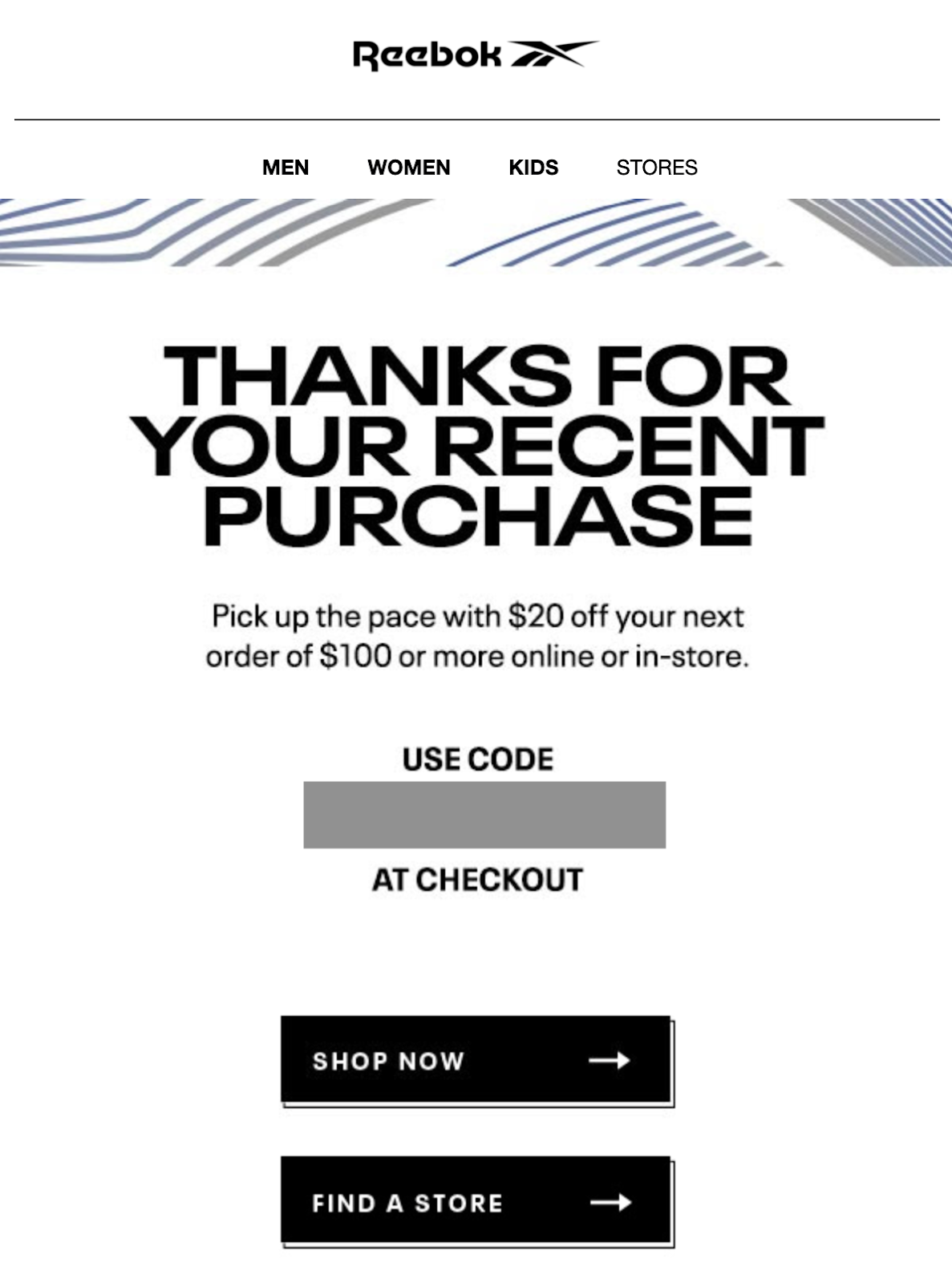 "7 Growth Strategies for Ecommerce Marketers" screenshot example email for loyalty from Reebok with text reading "thanks for your recent purchase"