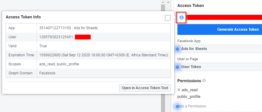Facebook ads and google sheets - Access Token Info