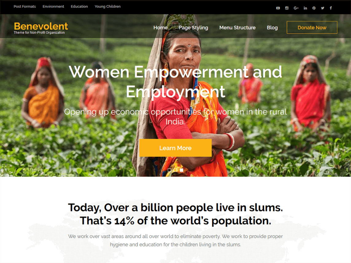 Screenshot of a free WordPress theme designed specifically for nonprofit websites called Benevolent.