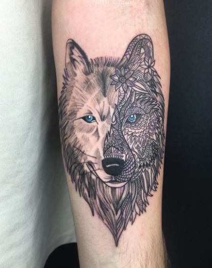 Arabic Alpha Wolf Tattoo On Forearm