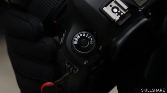A DSLR camera set to shutter priority mode.