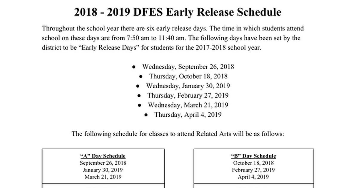 2018 - 2019 DFES Early Release Schedule