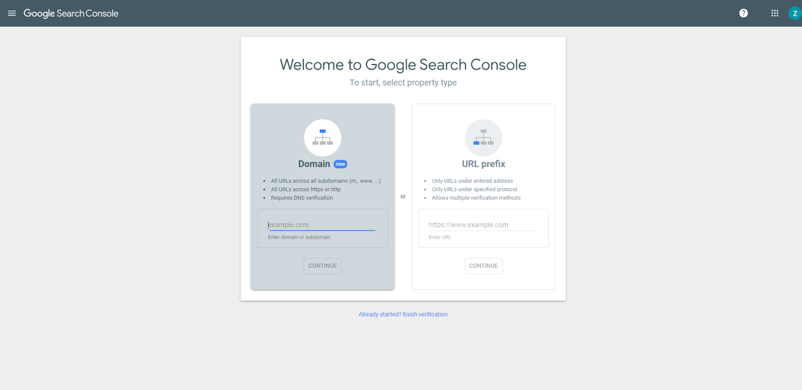 Google Search Console set up page