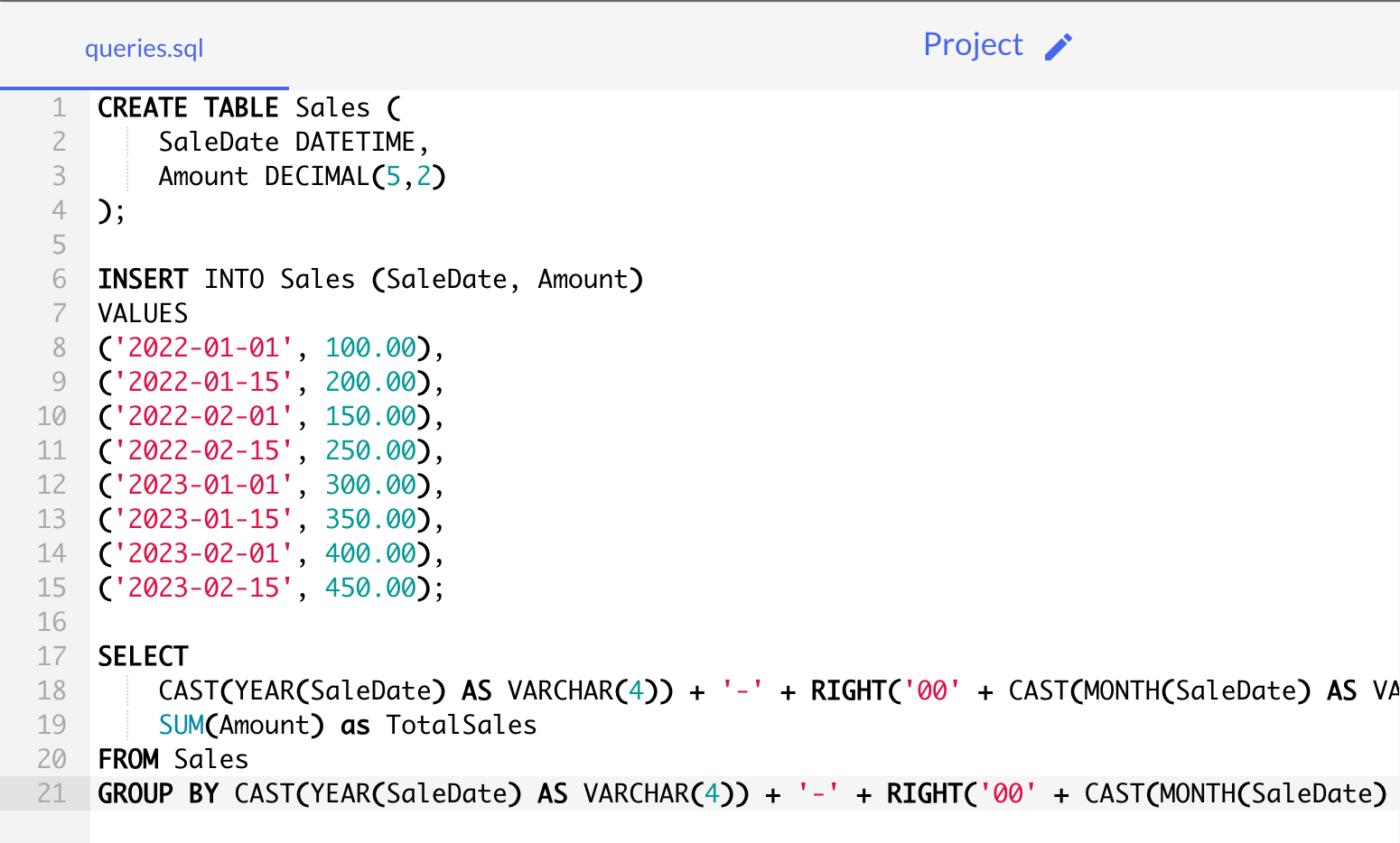 Code grouping values from a table using CAST with GROUP BY