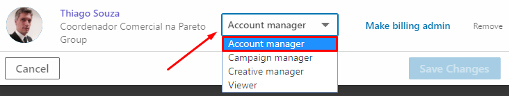 Em seguida, selecionar o usuário adicionado e alterar o nível de acesso para “Account manager” / “Gerente de contas”
