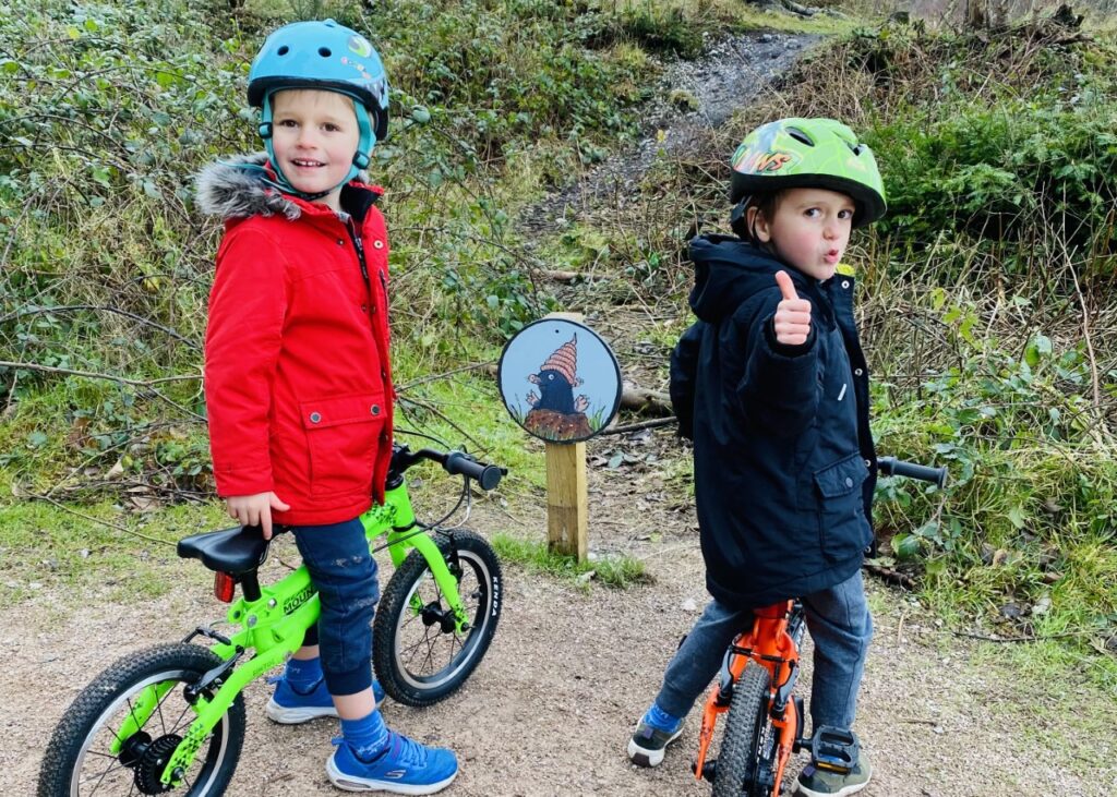 Twin brothers give the thumbs up on a bike ride