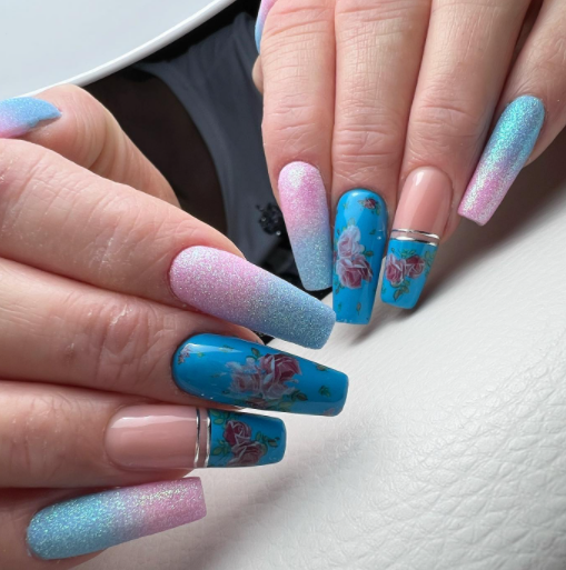Rose And Blue Marble Ombre Nail Designs