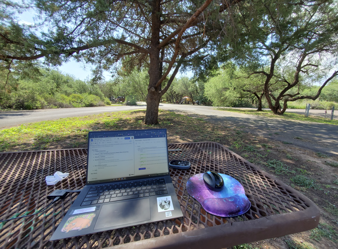 A remote work setup at a beautiful state park
