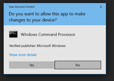 A screenshot of Windows OS asking if the user wants to grant "user account control"