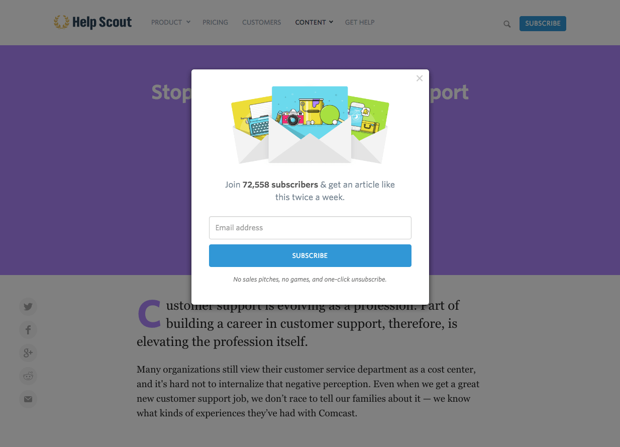 Example of a popup on Help Scout's website.