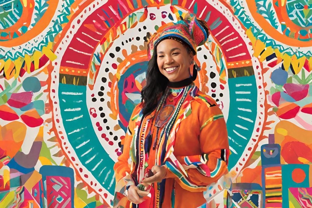 The alt text for the image depicts a woman wearing a vibrant dress, positioned against a colorful backdrop.