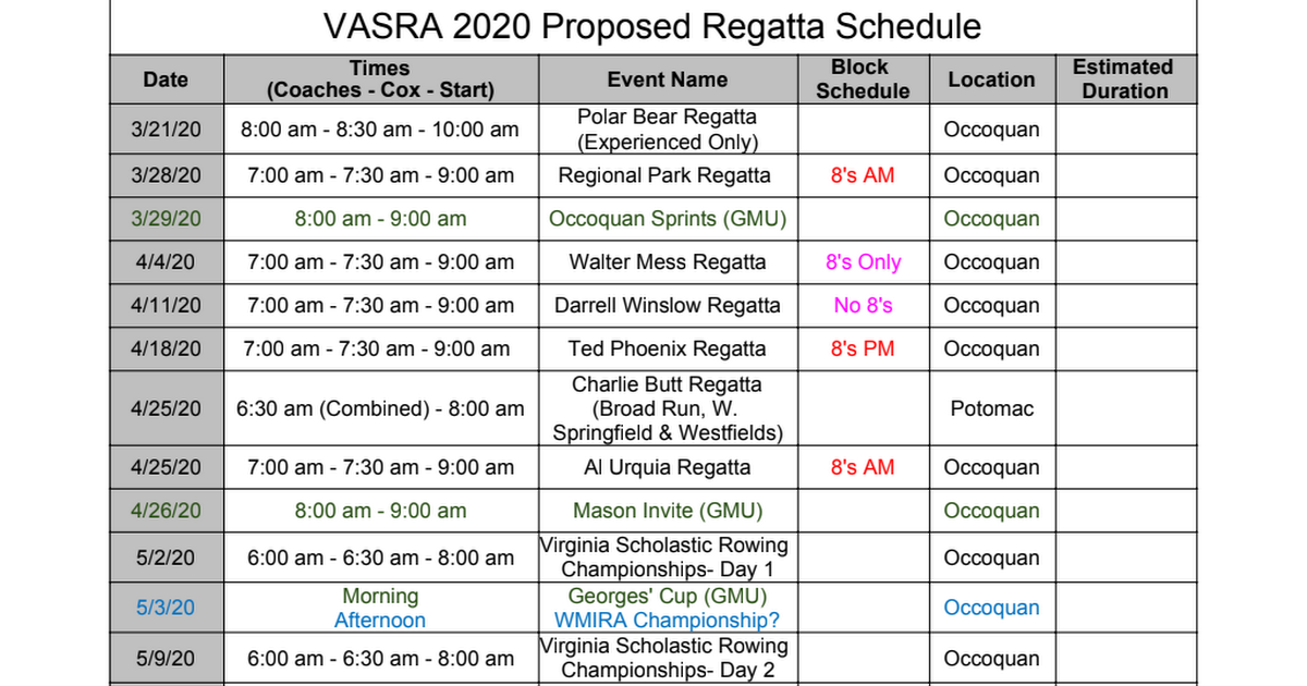 2020 VASRA Regatta Schedule - Google Sheets
