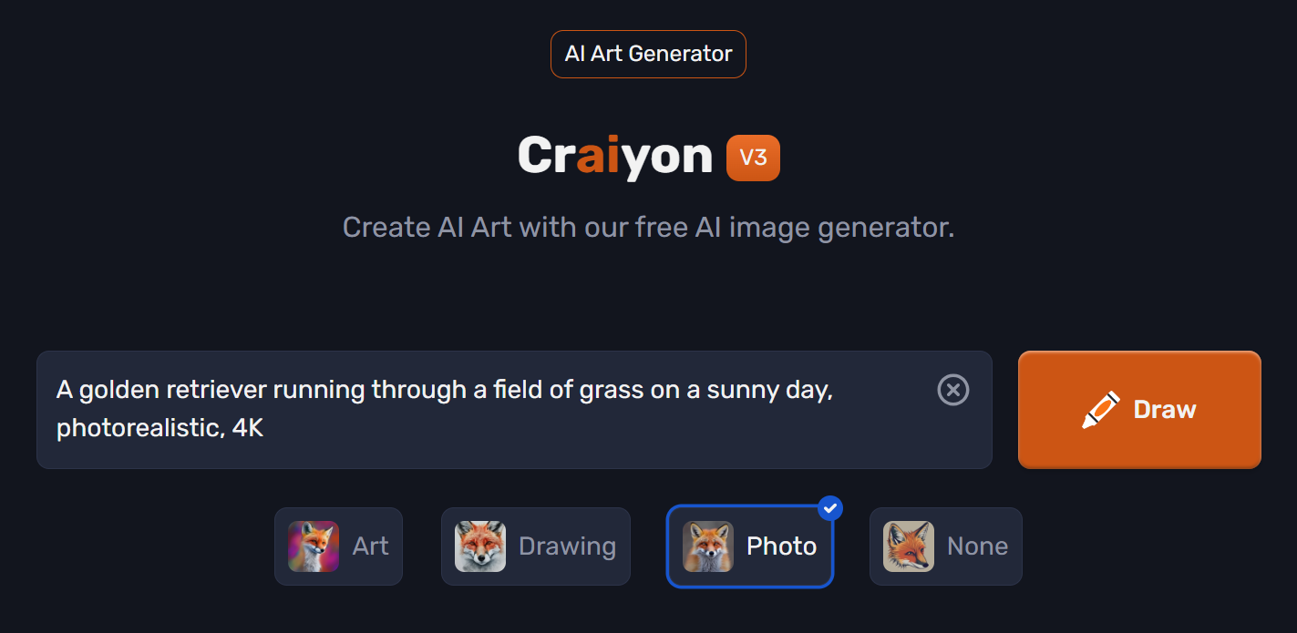 A text prompt with the Photo style selecting using Craiyon AI.