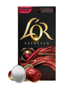 Cápsula de Café Espresso Indonésia L'or, embalagem preta com detalhes em vermelho escuro