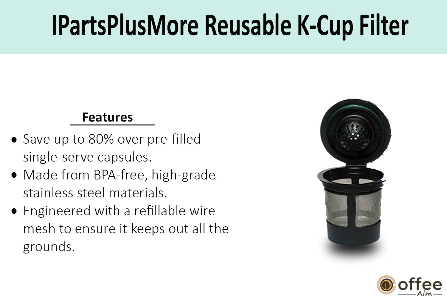 In this image, I elucidate the features of ipartsplusmore K-Cup reusable coffee filter