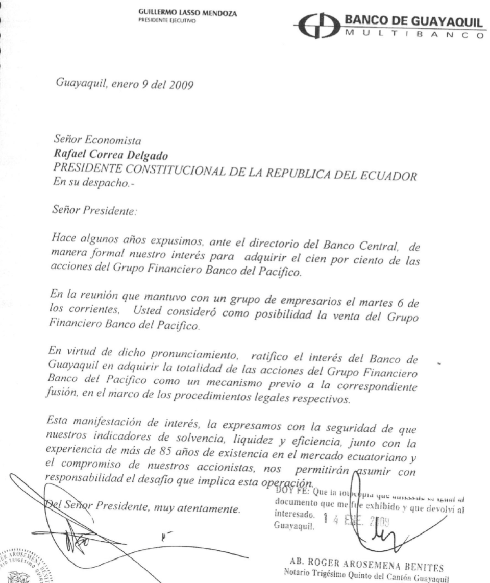 Interés del Banco de Guayaquil en adquirir la totalidad de las acciones del Grupo Financiero Banco del Pacífico