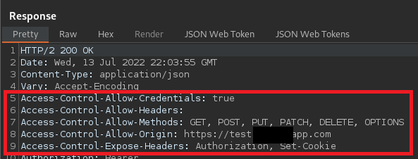 Second code snippet from White Oak Security's pentesting experts, shows Access-Control-Allow-Credentials response header necessary for a successful CORS attack.