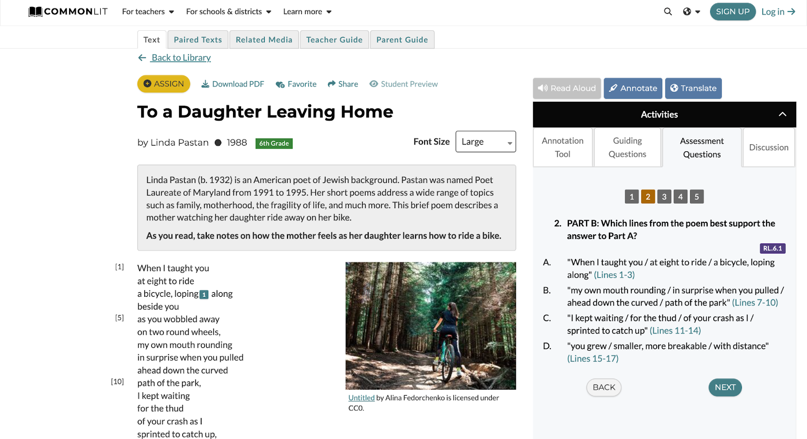 “To a Daughter Leaving Home” by Linda Pastan lesson with Assessment Question two highlighted.