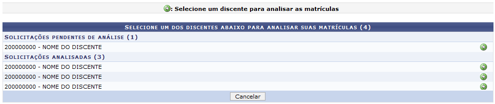 Figura 1: Selecione um dos discentes abaixo para analisar suas matrículas
