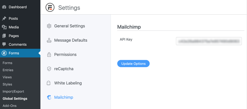 You need to get your Mailchimp API key for integration with Formidable Forms.