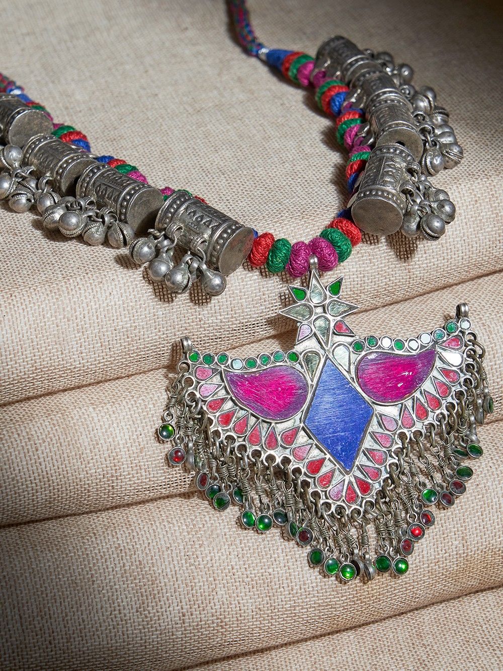 the loom - Red Blue Handcrafted Silver Necklace