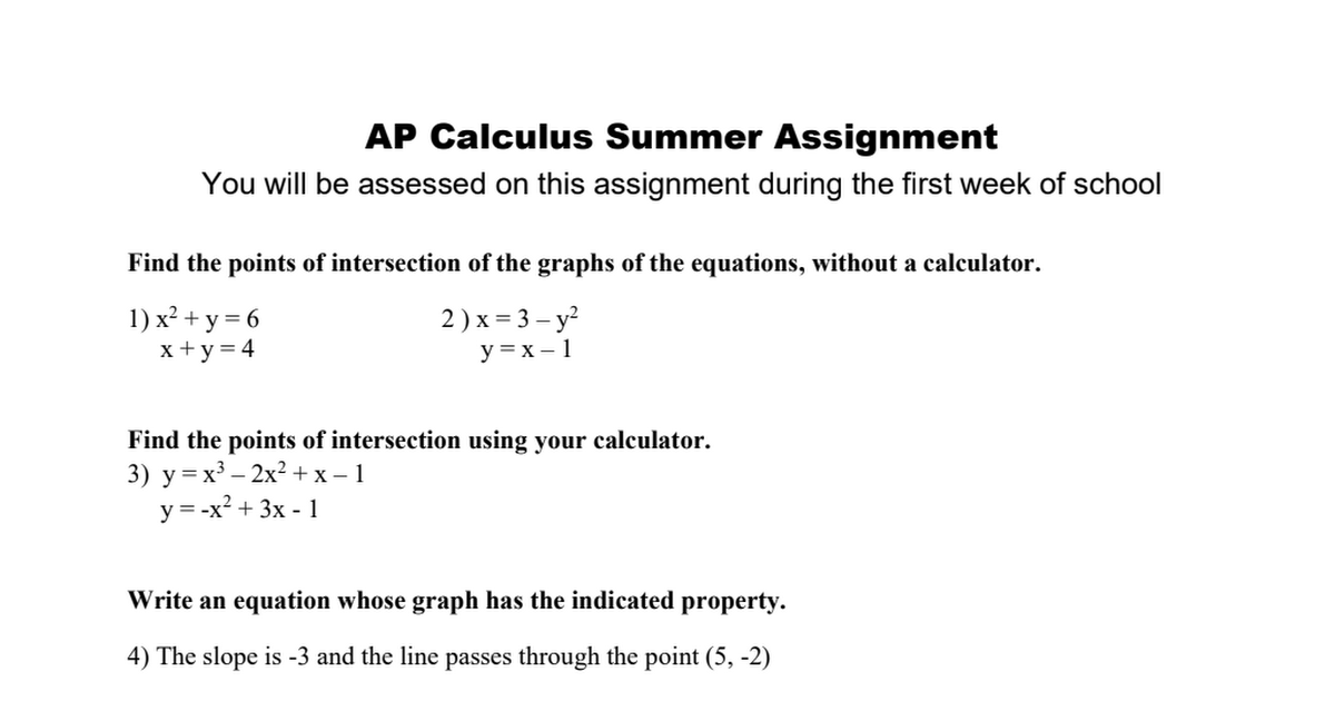 ap calculus summer assignment
